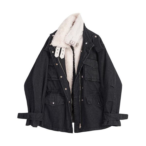 

women's down & parkas 2021 korean style cotton jacket women loose winter denim stitching stand collar plus tooling bread clothes fashio, Black