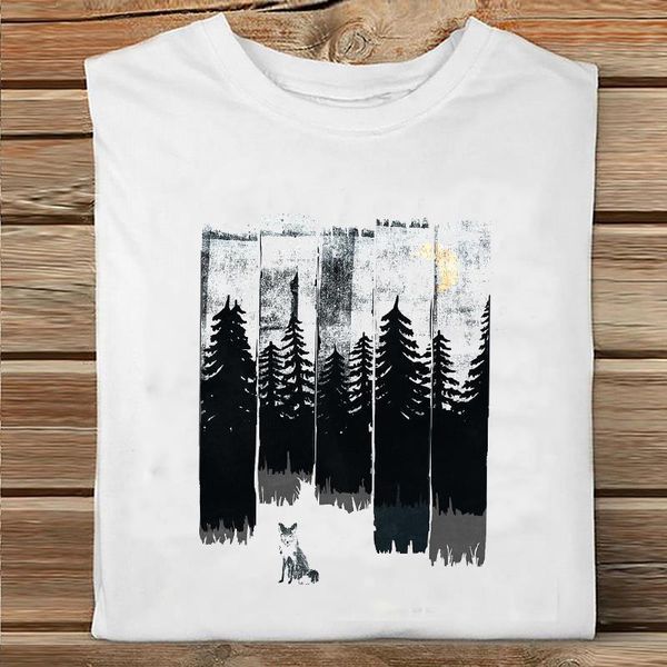 

women cute mountain watercolor forest short sleeve spring printing clothes print tshirt female tee ladies graphic t-shirt, White