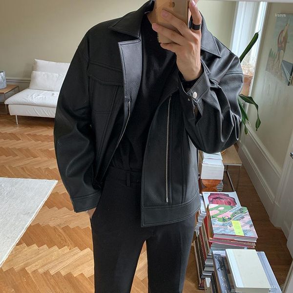 

men's black faux leather short motor jacket casual loose coat m111