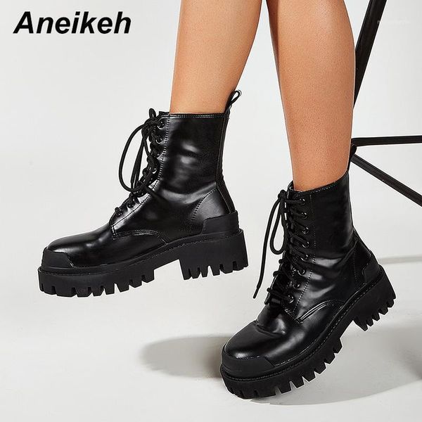 

aneikeh autumn riding eques boots mid-calf pu sewing solid women shoes square heel round toe pink size 35-41 fashion new 20201, Black
