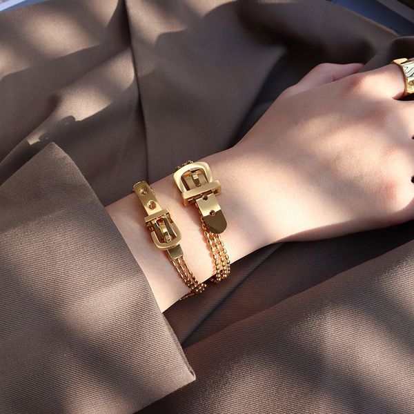 

fashion belt buckle three layer rice bead chain bracelet women's titanium steel plated with 18k real gold does not fade e095, Silver