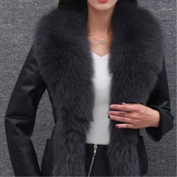

women's leather & faux fur coat warm women vests winter fashion furs women's coats jacket gilet veste 3xl1, Black