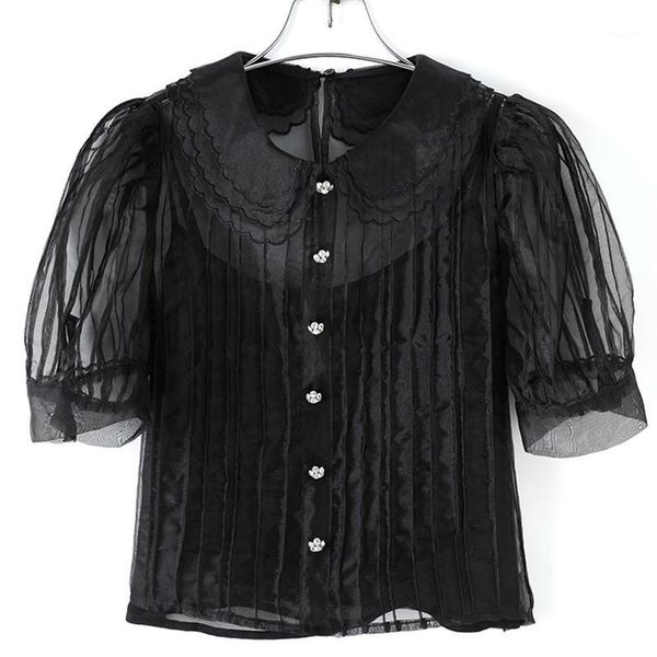 

2020 spring summer chic women's crystal buttons puff sleeves organza shirts c0751, White