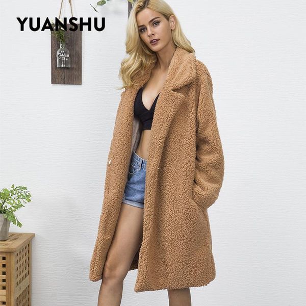 

yuanshu teddy coat faux fur long jacket women streetwear autumn winter warm plush teddy coat female plus size office overcoat1, Black