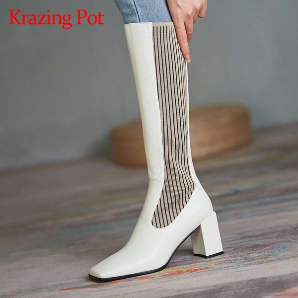 

boots krazing pot split leather square toe high heel winter shoes keep warm young lady daily wear fashion zipper knee-high l11, Black