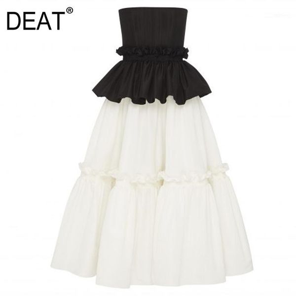

casual dresses [deat] women patchwork ruffles pleated temperament dress strapless sleeveless loose fit fashion spring summer 2021 13s1161, Black;gray