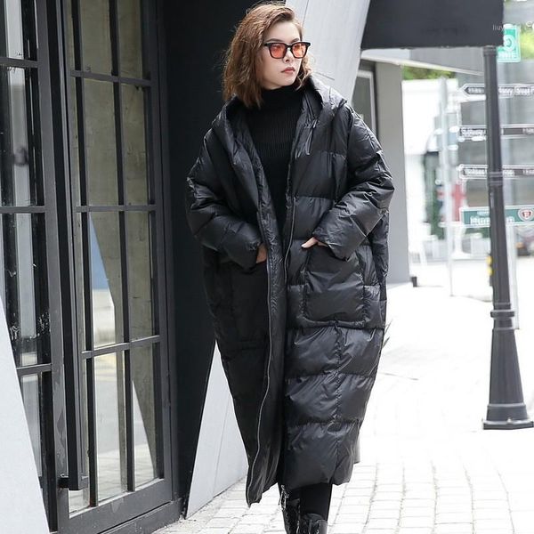 

2020 new winter hooded long sleeve solid color black cotton-padded warm loose big size jacket women parkas fashion long coats1