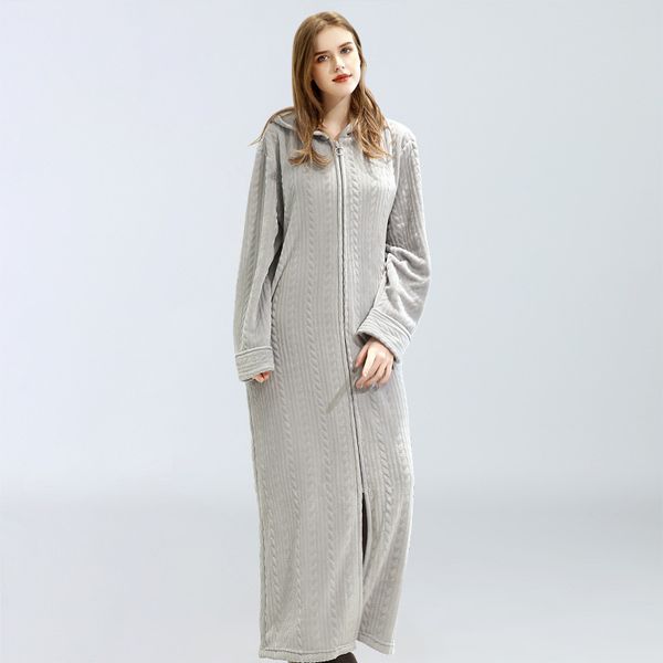 

2021 new autumn winter women's nightgown flannel hood long sleepwear solid with zipper thicken female bath robe ladies pn2x, Black;red