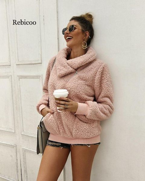 

women winter warm thick faux fur coats jackets hairy hooded hoodies pullover ladies plush long sleeve pullover outwear1, Black