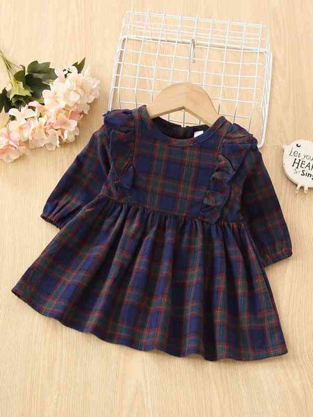 

baby tartan print ruffle trim dress she, Red;yellow
