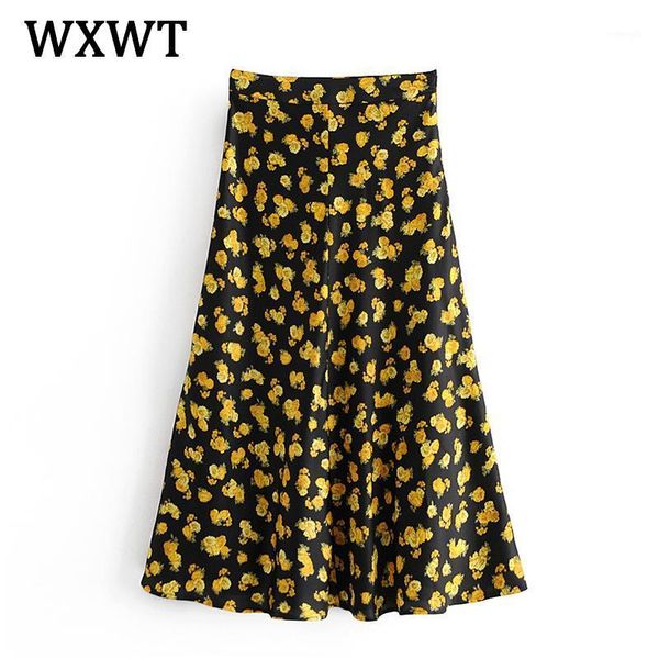 

wxwt women watermark dreamy and elegant yellow floral print skirt vintage zipper office ladies noble chic midi skirts ldzz6371, Black