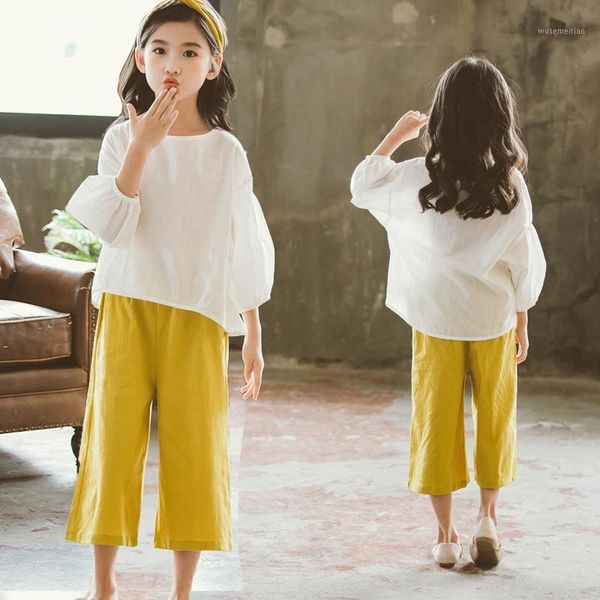

clothing sets children girls summer cotton kids teenage casual t shirt +wide leg pants girl clothes set 2pcs suit ca0511, White