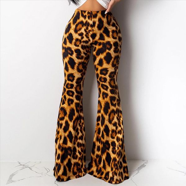 

2021 boho summer womens stretch bell bottom trousers ladies slim leopard print flared pants high waist fashion women long 3, Black;white