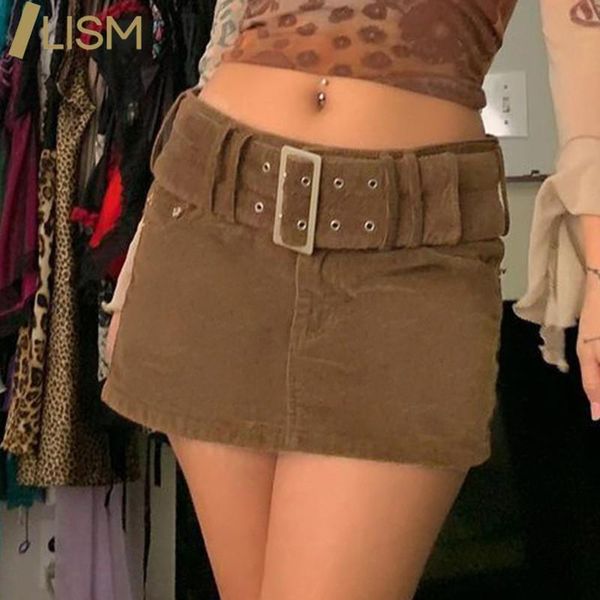 

lism solid corduroy high waist skirt y2k mini skirt with belt vintage woman casual ladies solid goth party clubwear, Black