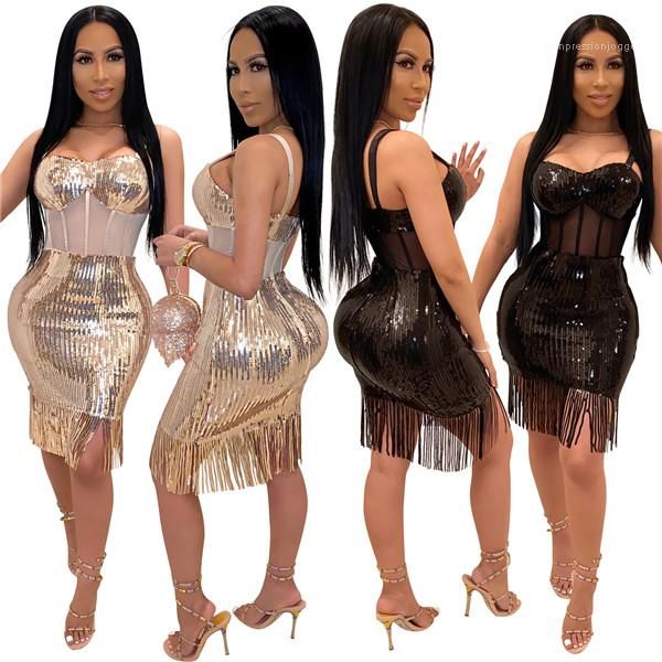 

womens spaghetti strap mesh patchwork high waist night club tassel dress fashion backless women party dresses sequins dresses, White;black