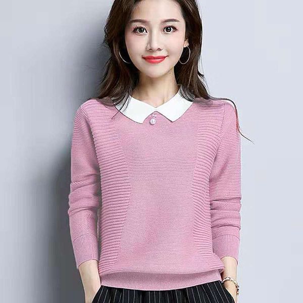

new clothing in autumn and winter of 2019 sweet baby collar age reducing sweater women's short versatile long sleeve knitted base, White