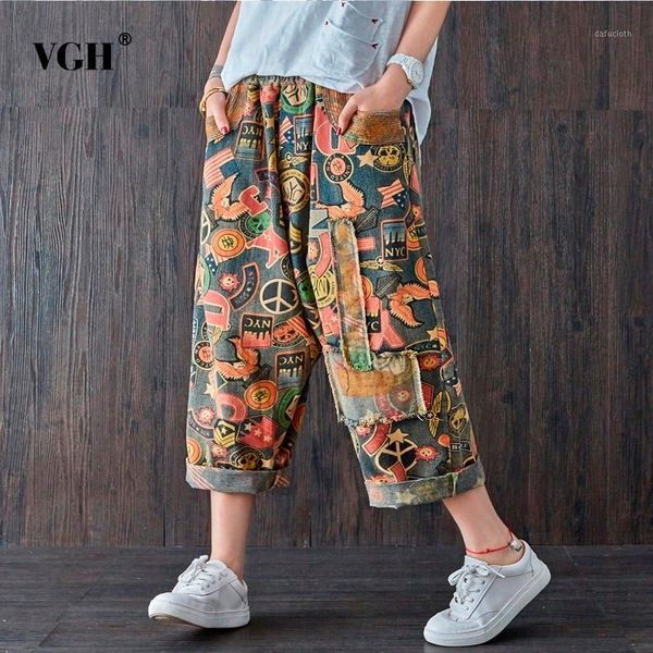 

vgh loose big size women jeans high waist pattern cuffs wide leg pants female calf length pant 2018 autumn fashion new1, Blue