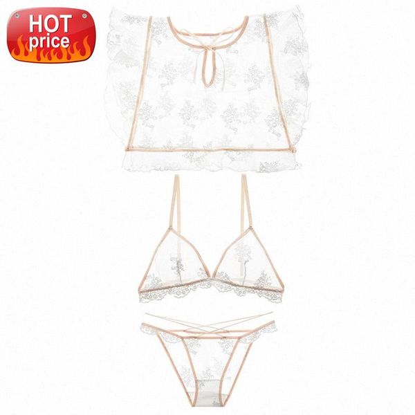 

3 pcs bra panty lingerie set retro embroidery lace hollow thin bra underwear set nightwear women babydoll sleepwear #ik1k, Black;white
