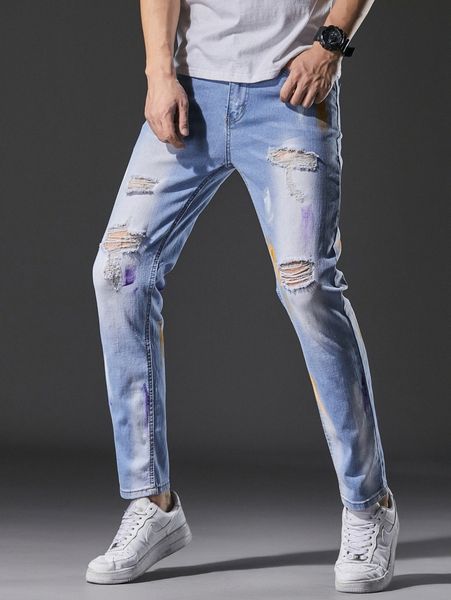 

men bleach wash brush print ripped frayed jeans m5ky#, Blue