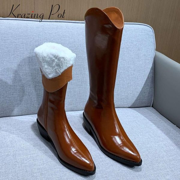

boots krazing pot large size pointed toe high heel winter warm young lady comfortable western fashion knee-high l0f8, Black