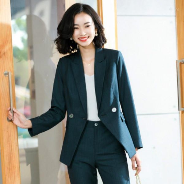 

women's two piece pants high-quality professional female blazer fashion ladies plaid jacket small suit casual trousers plus size women&, White