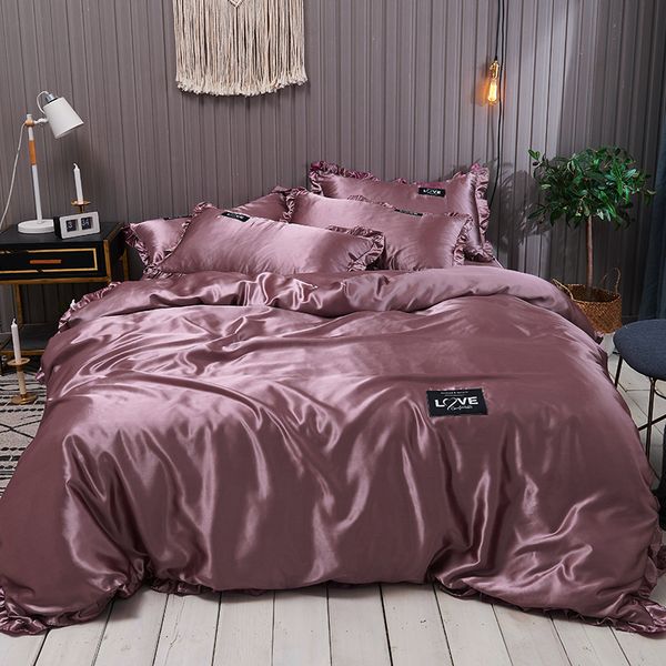 Set di biancheria da letto in puro raso di seta Set copripiumino di lusso in pizzo Set singolo matrimoniale Queen King Size Copripiumini coppia Bianco Grigio Rosso LJ201015