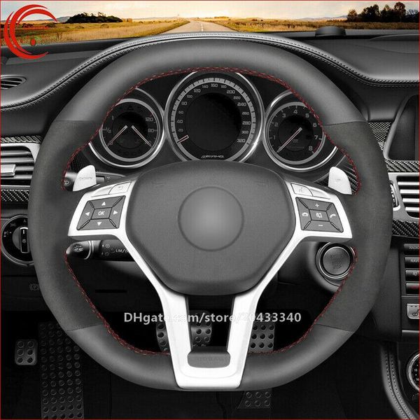 

black leather suede wrap car steering wheel cover for benz a45 amg cla45 c63 amg