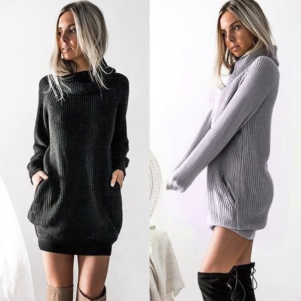 

casual dresses s-5xl plus size winter dress women long sleeve knit turtleneck sweater ladies mini autumn clothing 20211, Black;gray