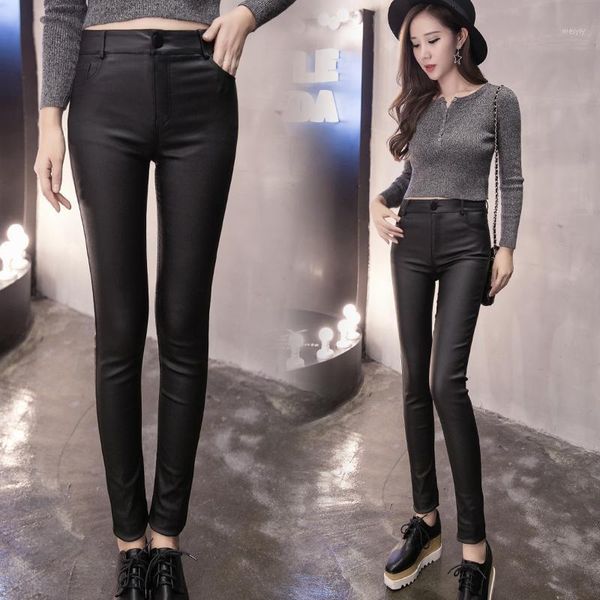 

bornladies autumn winter matte coated pu leather pants women's high waist wear slimming pants plus velvet tight leggings1, Black;white