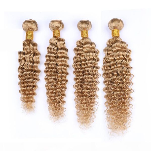 

#27 honey blonde deep wave indian virgin human hair 4 bundles strawberry blonde deep curly virgin human hair weave wefts mixed length, Black;brown