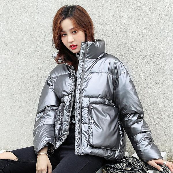 

2020 new winter women jacket woman parker loose short female jackets shiny stand collar thicken warm down jacket1, Black