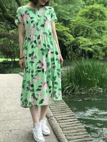 

porcelain lu chunjie summer special artistic big skirt and cotton cotton linen and linen printed short-sleeved large hem dress for women 668, Black;gray