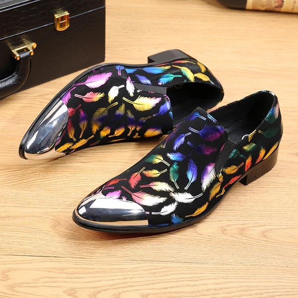 

dress shoes italian men vintage genuine leather printed party wedding handmade loafers slip on flat, Black