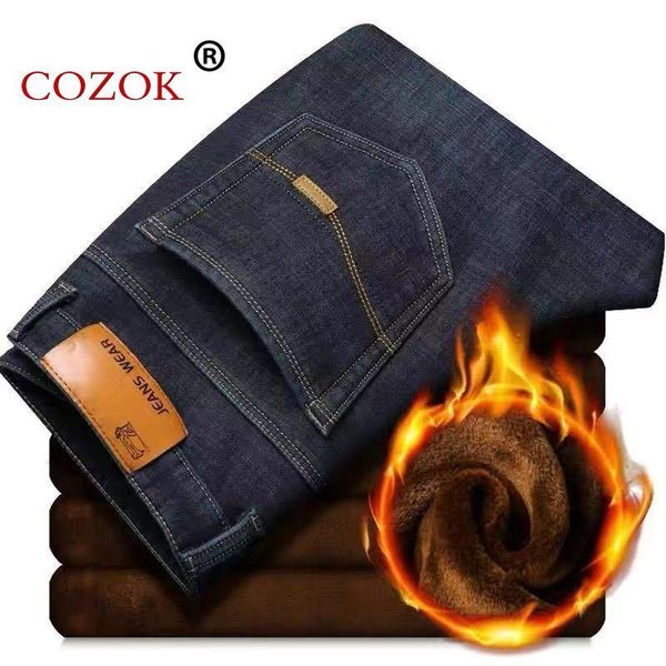 

autumn winter models plus velvet thick jeans men's loose straight stretch pants mid-waist plus size 40 velvet warm trousers, Blue