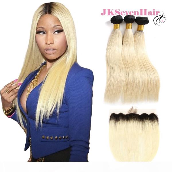 

straight virgin brazilian malaysian hair extensions 1b 613 blonde color 3 bundles with lace frontal russian european remy hair wefts, Black