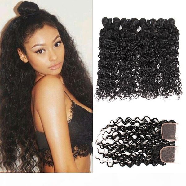 

brazilian human hair 4 bundles with closure unprocessed water wave bundles with middle 3 part wet and wavy human hair weaves pro, Black