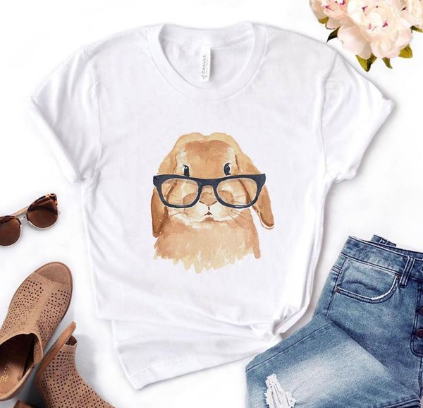 

women t shirt rabbit with glasses print tshirt women short sleeve o neck loose t-shirt ladies causal tee shirt clothes, White