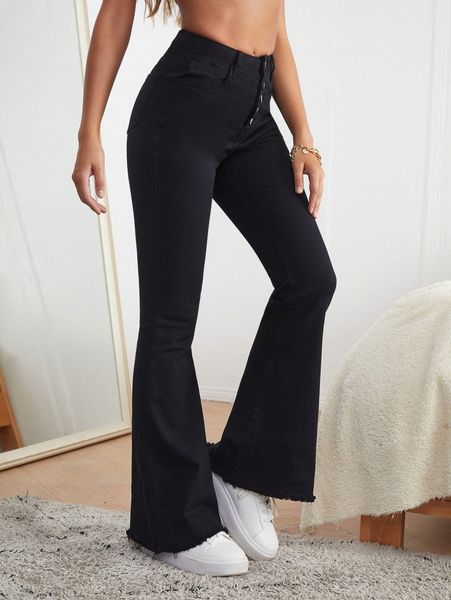 

button fly raw hem flare leg jeans a6of#, Blue