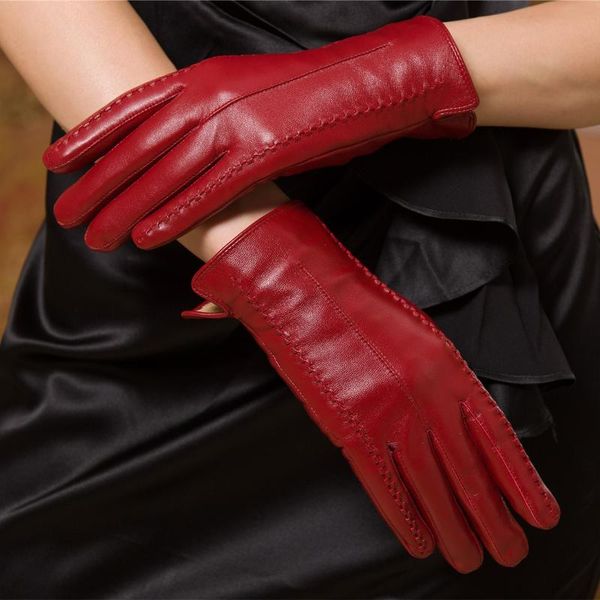 

five fingers gloves sheepskin women winter warm driving touch screen leather, Blue;gray