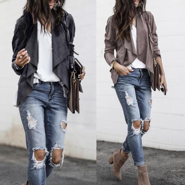 

2018 new womens long sleeve leather suit casual solid open front short cardigan suit jacket work office coat 9.31, White;black