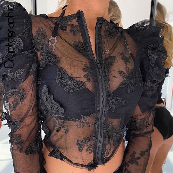 

cryptographic butterfly embroidery mesh lace blouse women fashion shirts blusas mujer de moda summer puff sleeve y200622, White