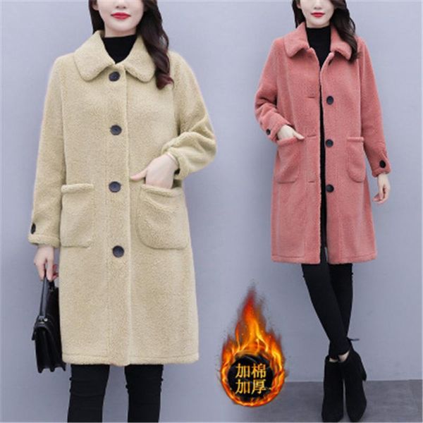 

mid-length lamb fur jacket women plus size 2020 winter fashion new style thickened warmth lapel long sleeve coat trend 254, Black