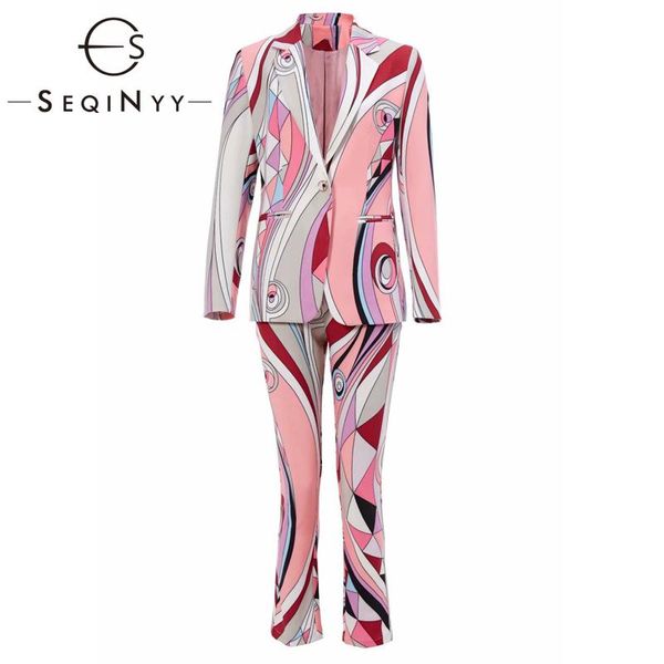 

seqinyy boho костюм 2020 осень весна новый дизайн моды женщины подиум blazer + midi брюки розовый печати набор высокого качества, White