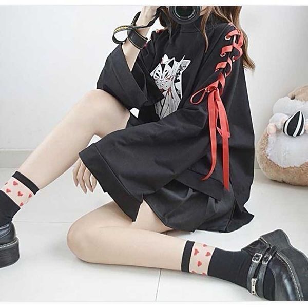 

nicemix japanese lolita vintage harajuku anime fox print lace-up long sleeve hoodie shirts dark girl punk street sweatshirt 201030, Black