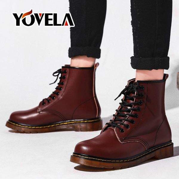 

boots cow split leather women autumn winter couples casual warm plush snow motorcycle shoe, Black