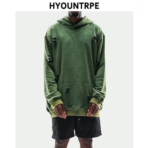 

mens retro washed hoodies high street ripped holes long sleeve hooded loose new hip hop skateboard streetwear pullovers1, Black