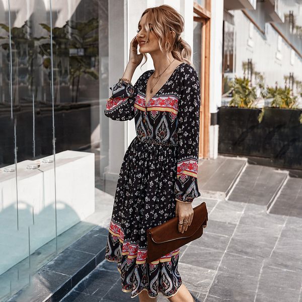 

bohemian vacation style spring and summer new long sleeve printed dress, Black;gray