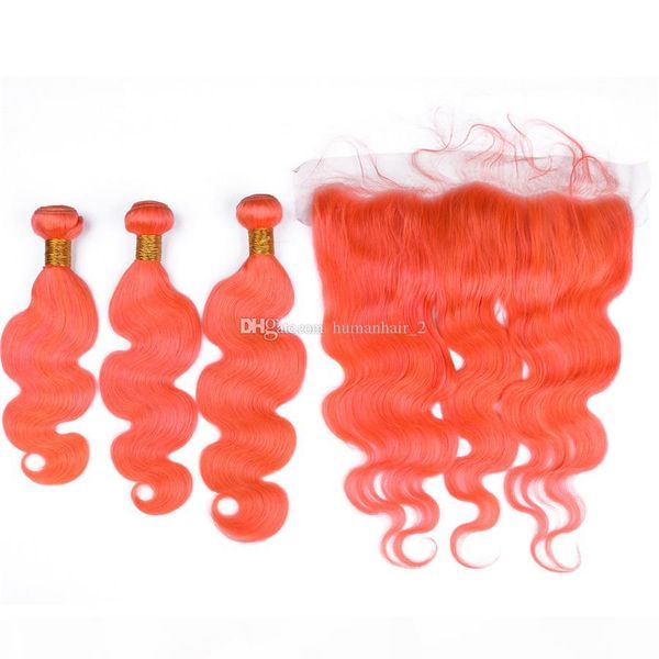 

body wave human hair bundles orange lace frontal with bundles brazilian virgin human hair extensions new orange color hair weaves 4pcs lot, Black;brown