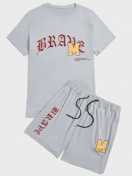 

men slogan graphic tee & drawstring waist shorts 293z#, Gray