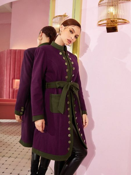 

x miranda gaviÃ±o stand collar contrast trim belted overcoat 153q#, Black
